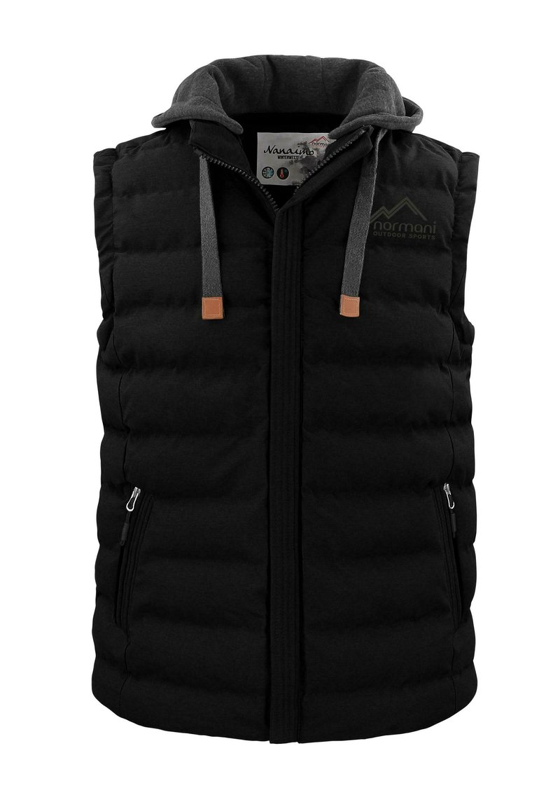 Schwarze Daunenweste mit Kapuze, Reißverschluss vorne, zwei seitlichen Taschen und Kordelzug-Details. Hergestellt aus einem weichen, strukturierten Stoff mit Logostickerei.