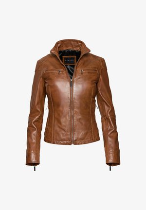 Braune Lederjacke mit figurbetontem Design, hohem Kragen, Reißverschluss und zwei Vordertaschen. Glatte Textur mit feinen Steppnähten.