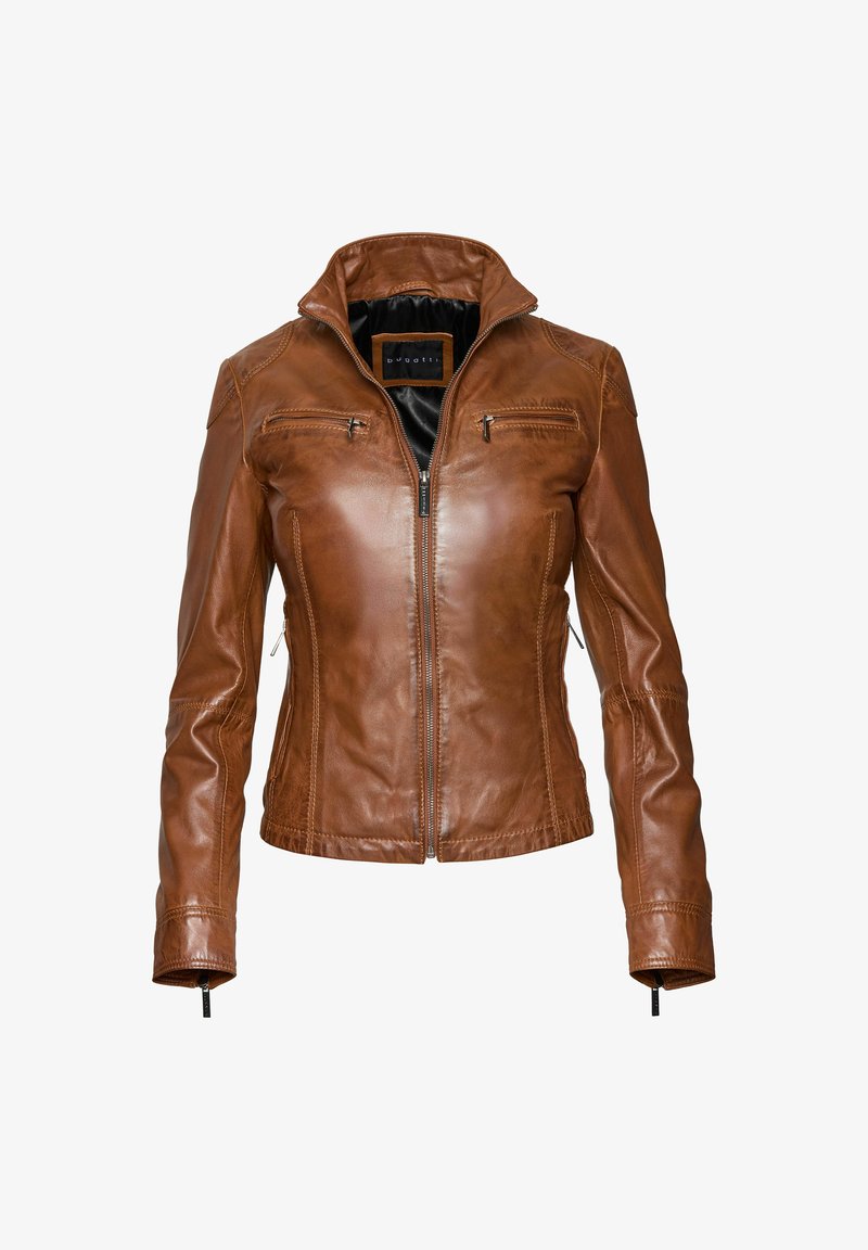 Pruun nahast jope, millel on vormitud disain, kõrge krae, lukkude sulgemine ja kaks esimest taskut. Sile tekstuur, millel on peened õmblusdetailid.