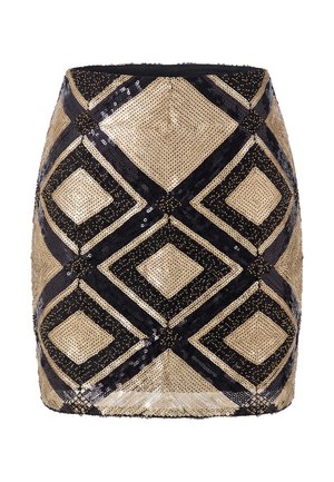 Minigonna nera e oro con paillettes con motivi geometrici a diamante che coprono tutto il tessuto.