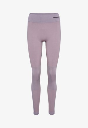 Lichtpaarse naadloze leggings met hoge tailleband en getextureerde kni panelen, voorzien van een klein zwart hummel-logo op de taille.