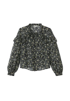 Blouse noire à manches longues avec un yoke froncé, un col rond et de petits motifs floraux en blanc et jaune.