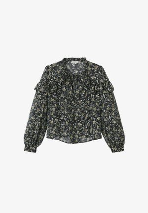 Blouse noire à manches longues avec un yoke froncé, un col rond et de petits motifs floraux en blanc et jaune.
