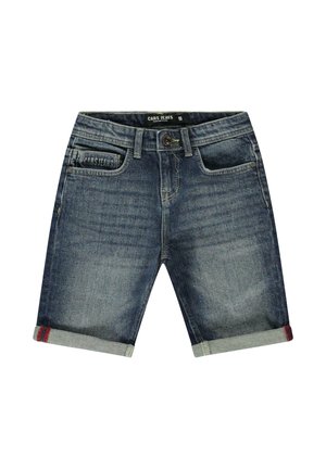 Donkere blauwe denimshorts met een vervaagd effect, voorzien van vijf zakken, een omgeslagen zoom met rode en grijze accenten, en een knoopsluiting.