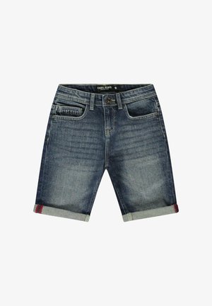 Donkere blauwe denimshorts met een vervaagd effect, voorzien van vijf zakken, een omgeslagen zoom met rode en grijze accenten, en een knoopsluiting.