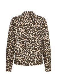 Cămașă cu imprimeu leopard în tonuri de bej și negru. Mâneci lungi cu detalii cu nasturi, guler și o croială relaxată, confecționată dintr-un material moale. Vedere din spate prezentată.