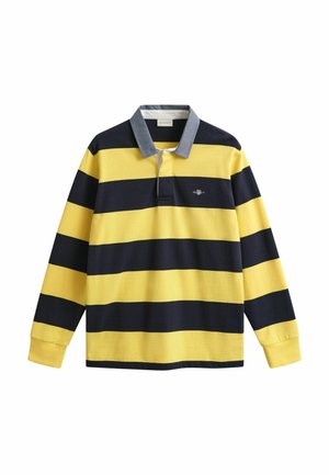 Long-sleeve rugby shirt with wide horizontal yellow and dark blue stripes and a gray collar.
