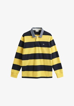 Long-sleeve rugby shirt with wide horizontal yellow and dark blue stripes and a gray collar.