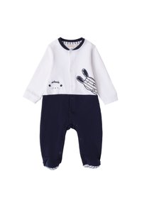 Bodysuit à manches longues pour bébé en blanc et marine, avec des motifs d'animaux, des boutons pressions et des poignets rayés. Tissu doux avec des blocs de couleurs contrastés.