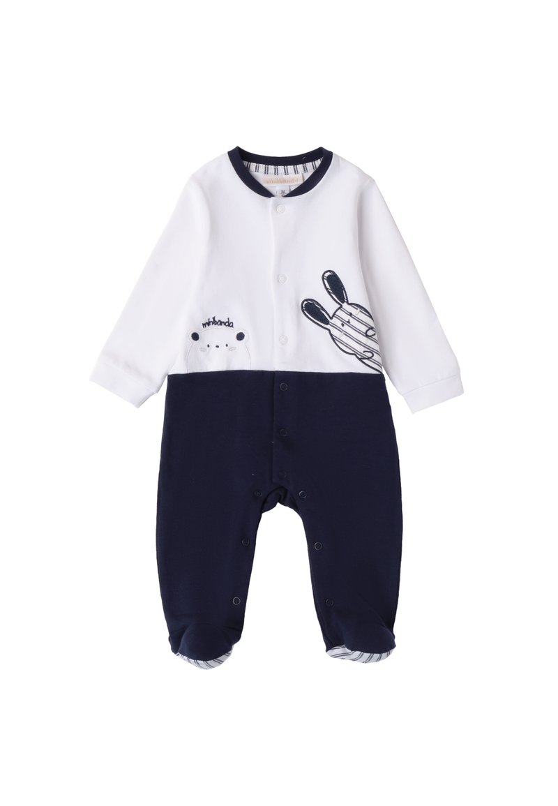 Bodysuit à manches longues pour bébé en blanc et marine, avec des motifs d'animaux, des boutons pressions et des poignets rayés. Tissu doux avec des blocs de couleurs contrastés.
