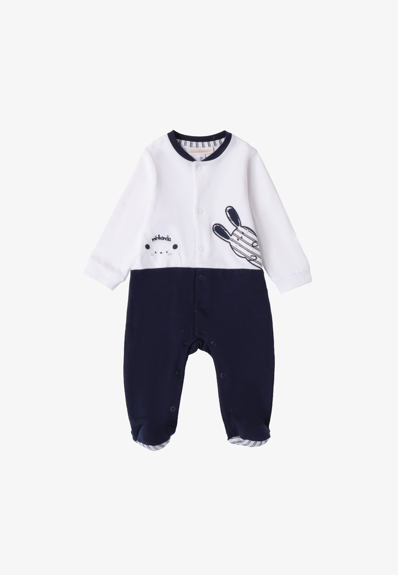 Długorękawowy kombinezon dla niemowląt w kolorze białym i granatowym, z motywami zwierzęcymi, z zatrzaskami i paskowanymi mankietami. Miękka tkanina z kontrastowymi blokami kolorów.