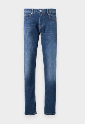 Blue denim jeans with a straight-leg fit, featuring a classic five-pocket design, faded texture, and contrast stitching.
