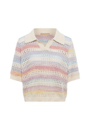 Pull à manches courtes en tricot avec des rayures horizontales multicolores pastel et un col en V beige à motif ajouré.