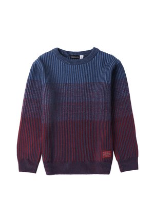 Pull-over en tricot avec des motifs rayés verticaux dans des nuances de bleu et de rouge. Poignets et ourlet côtelés, avec une étiquette de logo.