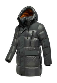 Puffer jacket in dark gray with a shiny finish, adjustable hood, zippers, and multiple pockets. Interior lined with bright orange.
