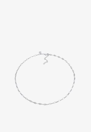 Collier chaîne en argent avec de petits maillons ronds gravés et un fermoir mousqueton, présenté sur fond blanc.