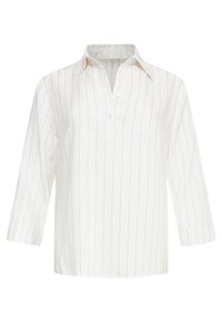 Lichte gestreepte linnen blouse met een kraag, knoopsluiting en driekwart mouwen in een crème basis met subtiele grijze strepen.