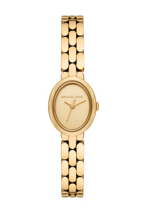 Montre femme Michael Kors en ton or avec un cadran ovale, un bracelet à maillons et un cadran minimaliste sans chiffres ni repères.