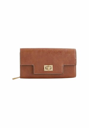 Brown leather wallet with gold-tone hardware, featuring a front flap and stitched accents. Compact design with a zip closure.
