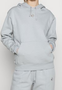 Ljusgrå hoodie tillverkad av mjukt tyg med en framficka, dragsko i huvan och en liten gulddetalj med logotyp på bröstet.