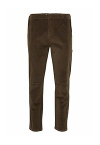 Pantaloni di velluto a coste marroni con un design dritto, dotati di due tasche frontali e una tasca cargo laterale. Tessuto testurizzato con coste visibili.