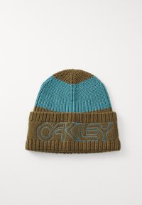 Knit beanie featuring a teal top and brown bottom. Large “OAKLEY��” logo in blue stitching on the cuff. Textured fabric, snug fit.