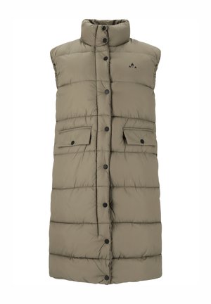 Puffer vest i olivengrøn, med høj krave, knaplukning foran, to forlommer og quiltet tekstur. Sorte detaljer på knapperne.