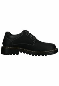 Scarpa in pelle nera con punta arrotondata, tacco basso e suola frastagliata. Presenta cuciture bianche a contrasto e sei occhielli per i lacci.