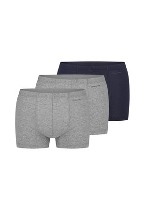 Tre par herre boxershorts i meleret grå og navy blå, arrangeret side om side på en hvid baggrund.