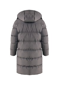 Abrigo acolchado gris con capucha, que presenta un diseño de acolchados y costuras horizontales. Mangas largas con puños elásticos y corte recto.