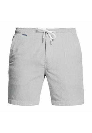 Lichtgrijze corduroy shorts met voorzakken en wit trekkoord aan de elastische tailleband.