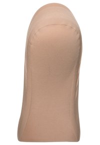 Cappuccio in tessuto lavorato a maglia beige con una texture liscia, forma contornata e costruzione senza cuciture progettato per una vestibilità aderente.