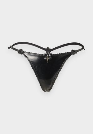Black shiny thong underwear with thin straps and small flower-shaped decorations at front and sides.