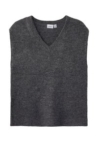 Grå ermeløs genser med V-hals, laget av et mykt, teksturert stoff. Har ribbet kant og et rent, minimalistisk design.