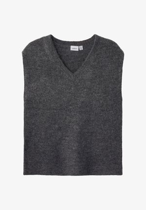 Sivi džemper bez rukava s V-izrezom, izrađen od meke, teksturirane tkanine. Ima rebrasti rub i čist, minimalistički dizajn.