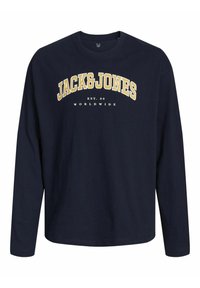 Mornarska majica dugih rukava od pamuka, s natpisom u bijeloj i zlatnoj boji "JACK & JONES EST. 90 WORLDWIDE" u zakrivljenom dizajnu na prednjoj strani.