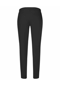 Pantaloni neri con un design aderente, tessuto elasticizzato e una texture liscia. Presentano una vita alta e due tasche posteriori. Stile minimalista.
