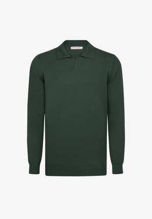 Dunkelgrünes Langarm-Polohemd mit geripptem Kragen und V-Ausschnitt. Hergestellt aus weichem Stoff, mit geradem Saum und taillierten Manschetten.