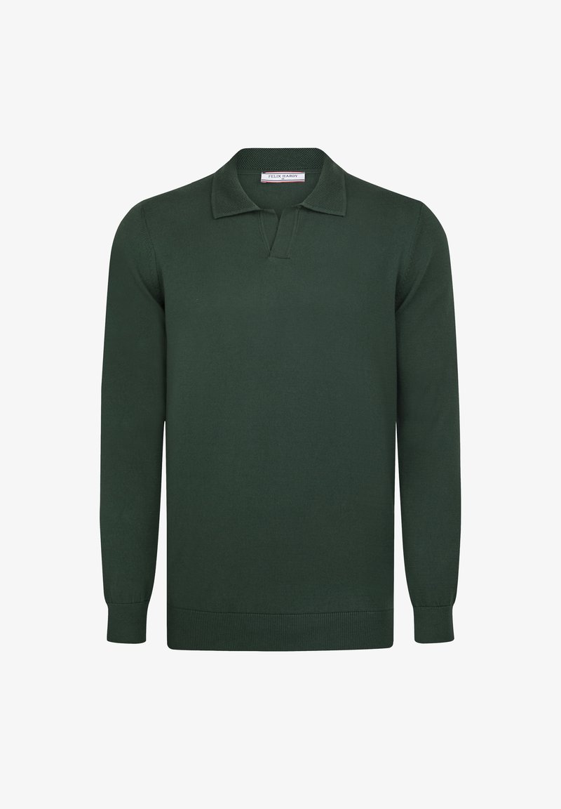 Donkergroene polo met lange mouwen, voorzien van een ribbelkraag en V-hals ontwerp. Gemaakt van zacht materiaal, met een rechte zoom en aansluitende manchetten.