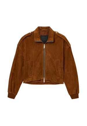 Καφέ κροκό σακάκι από σουέτ με φερμουάρ μπροστά, επιθεωρητές στους ώμους, δύο πλαϊνές τσέπες και ριμπ μανσέτες στα μανίκια.