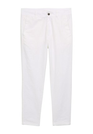 Witte broek van lichtgewicht stof, met een knoopsluiting, twee voorzakken en een stijlvolle rechte pijp met een gladde textuur.