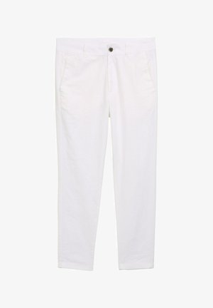 Valkoiset housut, jotka on valmistettu kevyestä kankaasta. Niissä on napin sulkeminen, kaksi etutaskua ja suora lahkeensuunnittelu, jolla on sileä pinta.