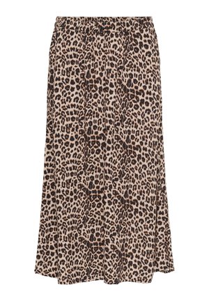 Leopard print skirt made of soft fabric, featuring an elastic waistband, flared design, and a knee-length cut with a smooth texture.