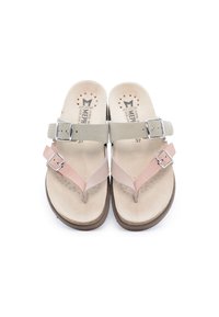 Sandali leggeri con due cinghie in pelle beige e rosa, dotati di fibbie e una soletta imbottita con perforazioni per la ventilazione.