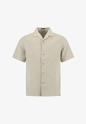 Beige Kurzarmhemd mit Kragen, textured Gittermuster und hellbraunen Knöpfen, mit lockerem Schnitt und weichem Stoff.