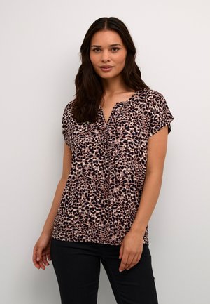 Short-sleeve blouse in leopard print, featuring a V-neckline and soft fabric with a lightweight texture. Primarily pink and black colors.
