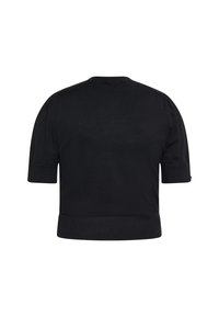 Pulover negru scurt, cu mâneci pufoase scurte, tiv cu model în relief și textură fină. Fără modele sau accente vizibile pe spate.