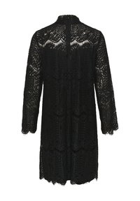 Black lace dress with a high neckline, long sleeves, intricate floral patterns, and scalloped hem. Features a back closure and sheer texture.
