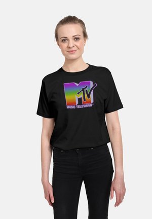 T-shirt noire avec un logo MTV multicolore et un effet dégradé. Manches courtes et coupe décontractée.