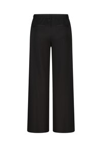 Pantalons larges noirs avec taille élastique et deux poches passepoilées à l'arrière, montrés de dos sur un fond blanc uni.